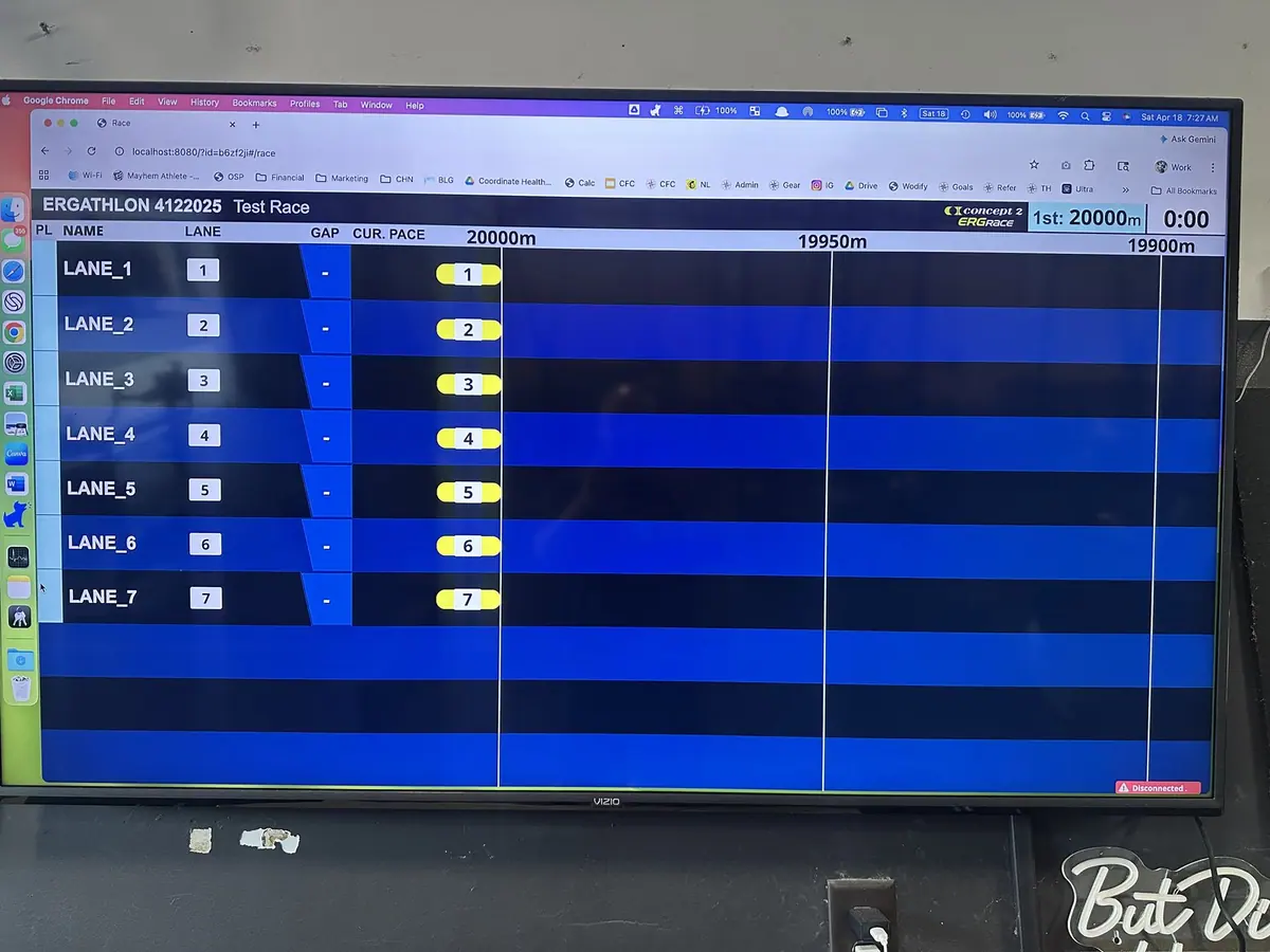 The Concept2 ErgRace leaderboard on screen showing all seven team lanes at the start of the 2026 Ergathlon
